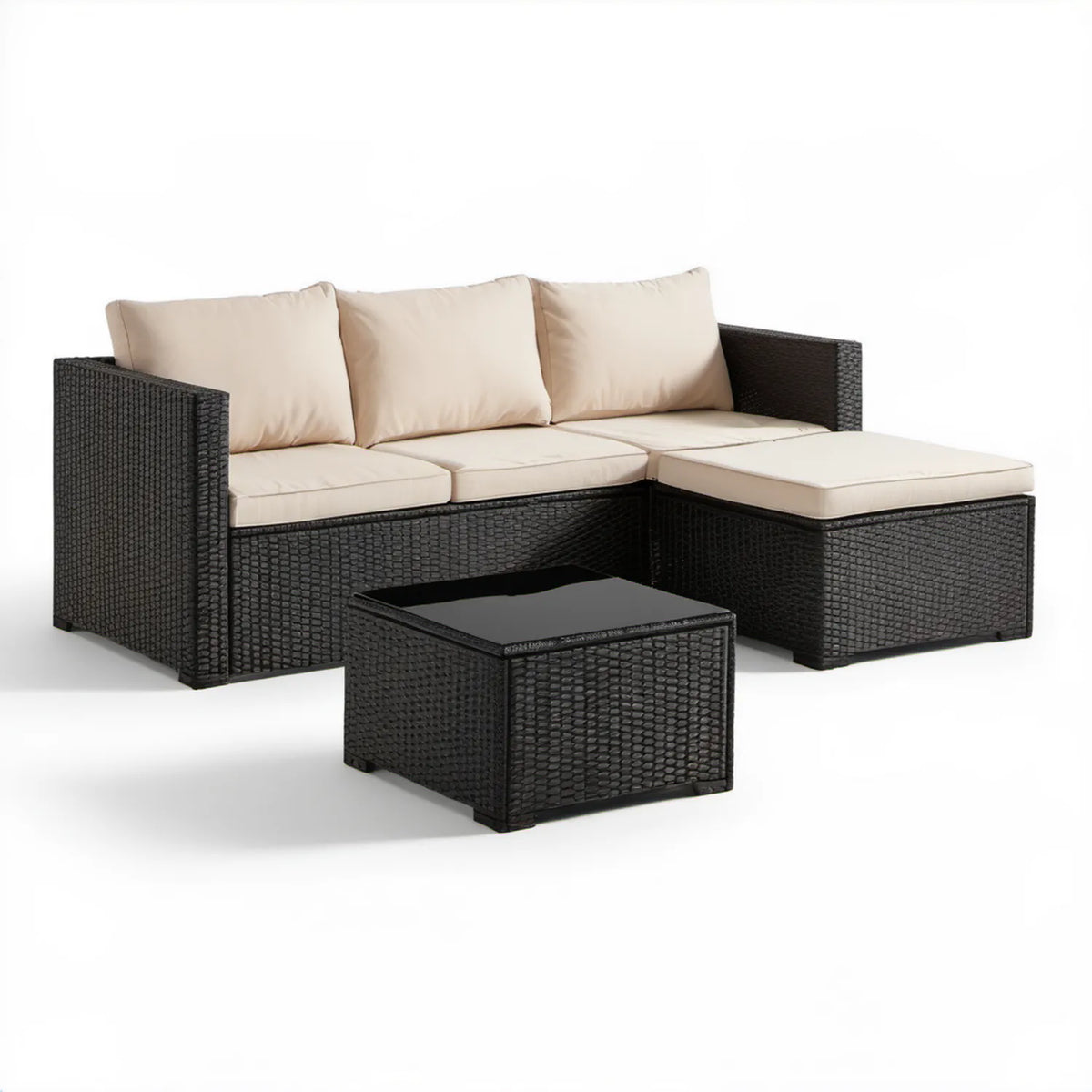 Narożna sofa ogrodowa z technorattanu PE ze stolikiem, czarno-beżowa, 182 × 124 × 68 cm