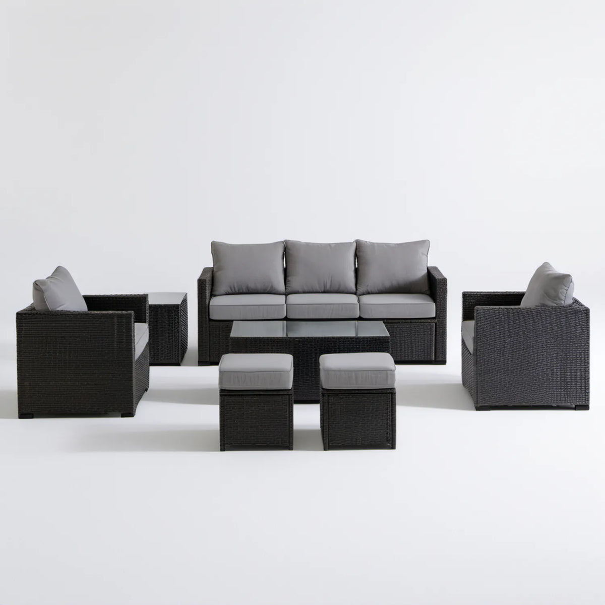 Zestaw wypoczynkowy z technorattanu PE, czarno-szary, sofa 180 x 70 x 65 cm