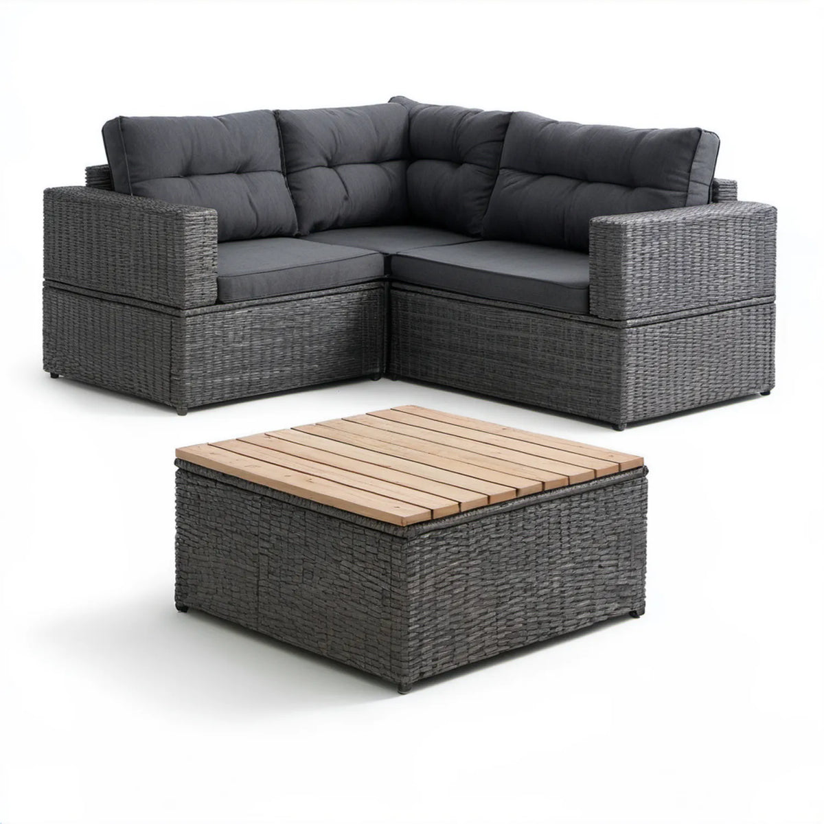 Narożna sofa ogrodowa z technorattanu PE ze stolikiem, szara, 260 × 260 cm