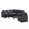 Zestaw mebli ogrodowych z technorattanu PE, czarny, sofa narożna 190 × 190 cm, fotel i stolik