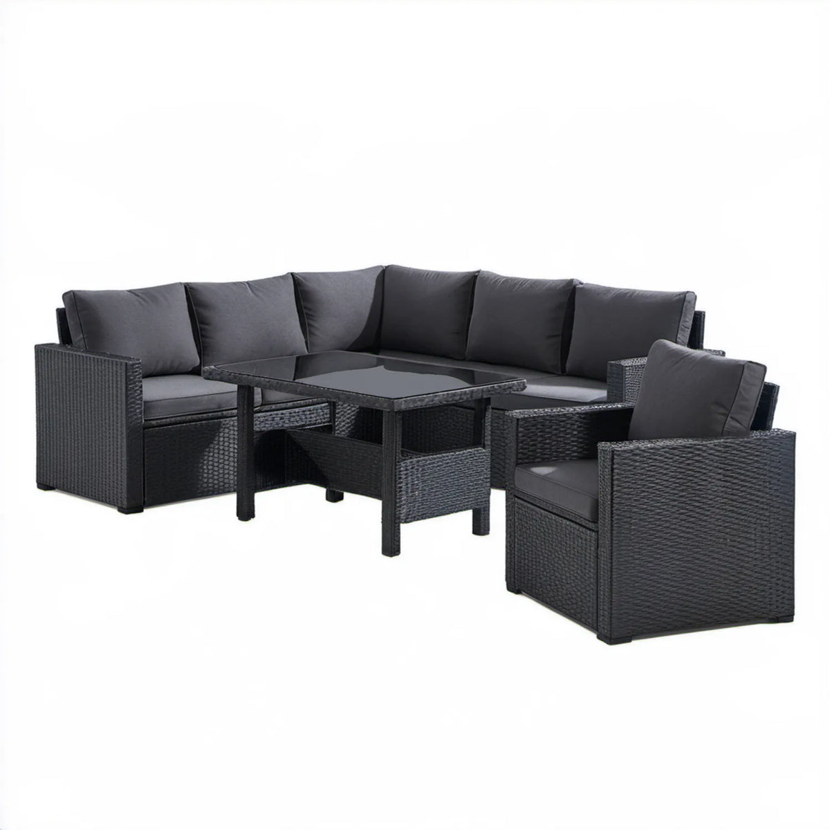 Zestaw mebli ogrodowych z technorattanu PE, czarny, sofa narożna 190 × 190 cm, fotel i stolik