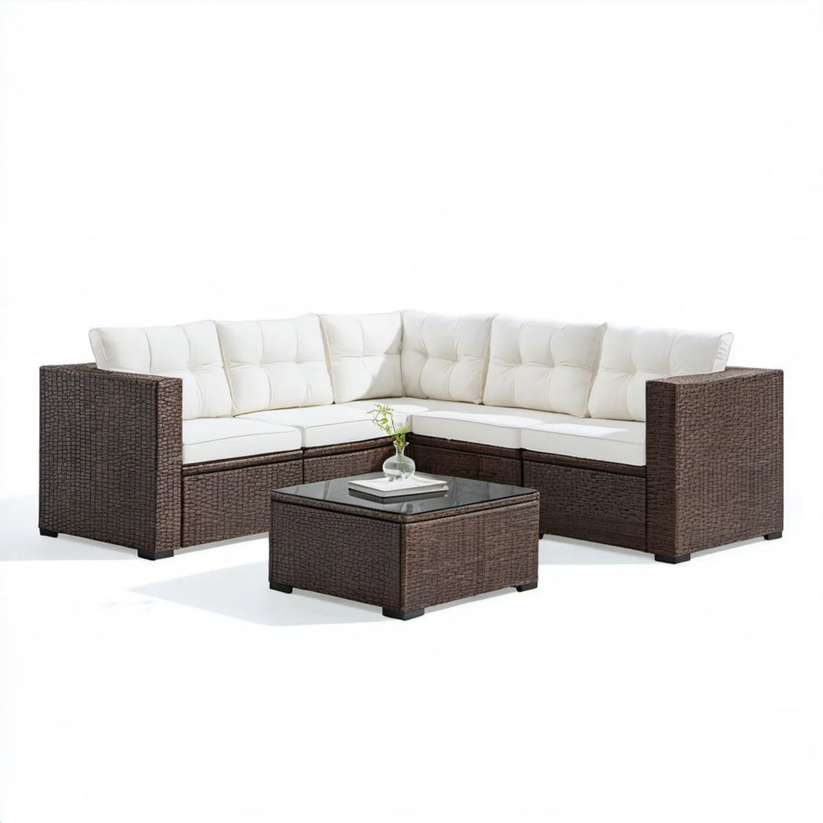 Narożna sofa ogrodowa z technorattanu PE ze stolikiem 180 x 180 x 70 x 63 cm Brązowy/Biały